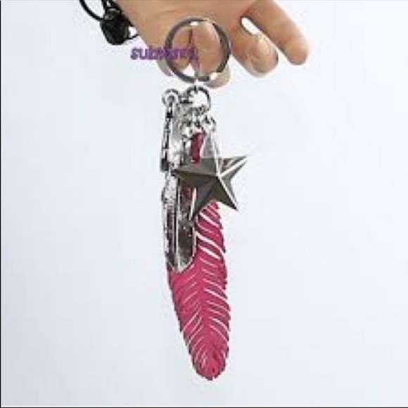 Coach Dahila Pink Feather Keychain Fob Silver Stars 63893 - Picture 2 of 5